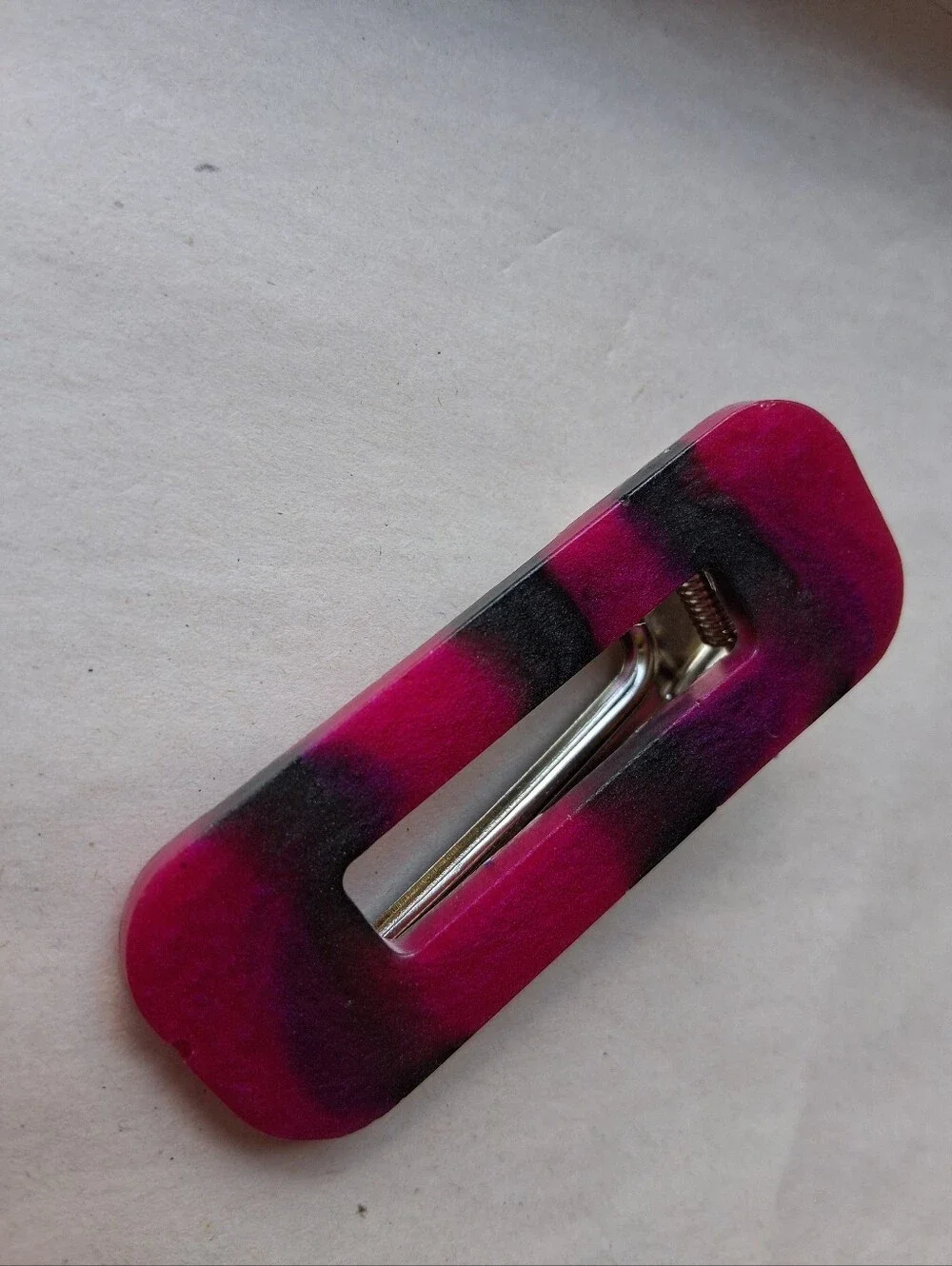 5/$25 Hand Crafted Fuchsia and Black Resin Rectangle Hair Barrette